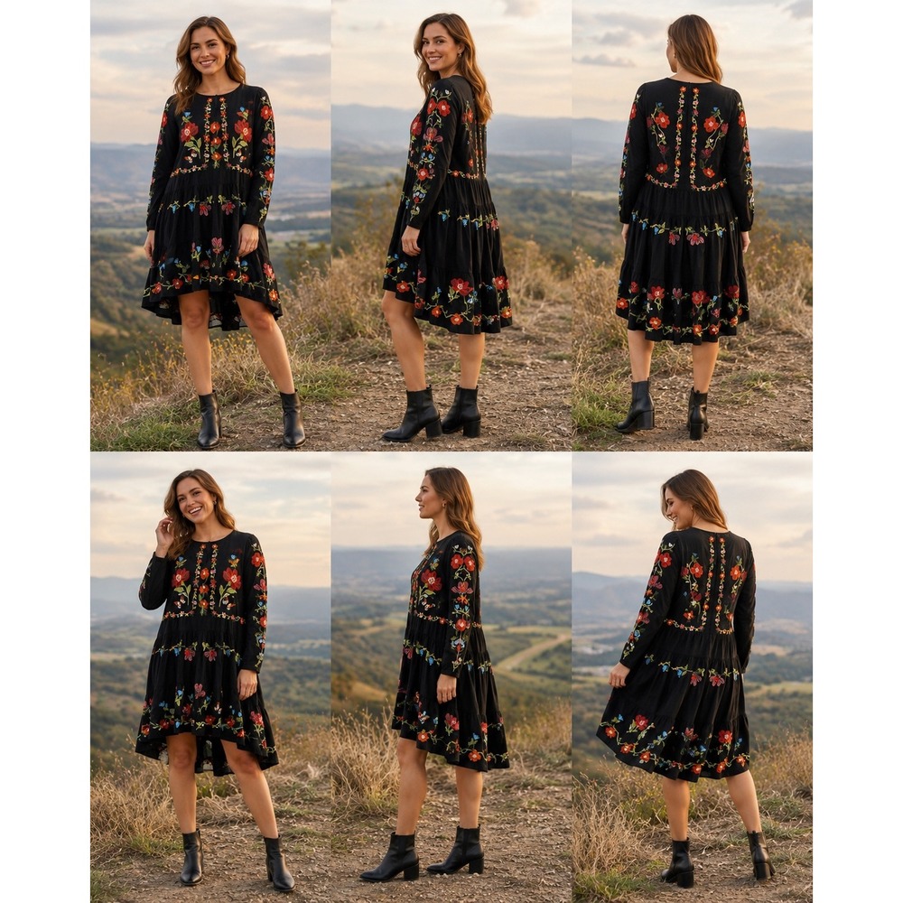 Zara Woman Black Floral Butterfly Embroidered Tiered Mini Dress XS Long Sleeve